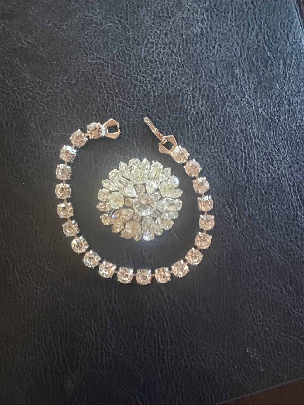 Clear Crystal Tennis Bracelet with Crystal Floral Brooch
